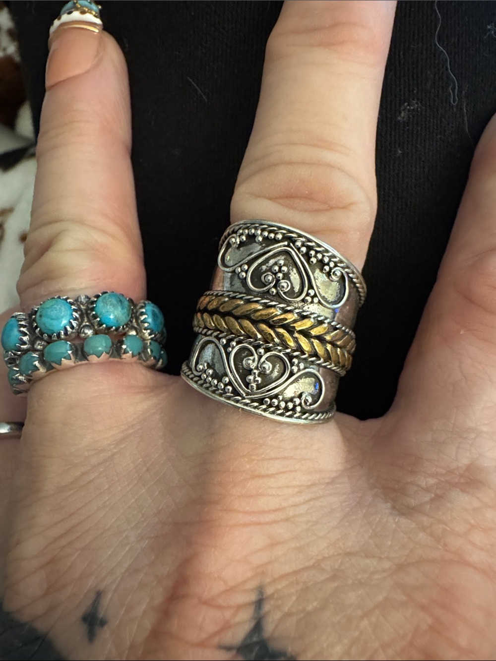 Vintage Two-Tone Heart Wide Band Ring in  Sterling Silver and gold tone